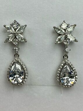 Floral CZ Diamond Drop Earrings Teardrop Dangle Sparkly Flower Formal Event